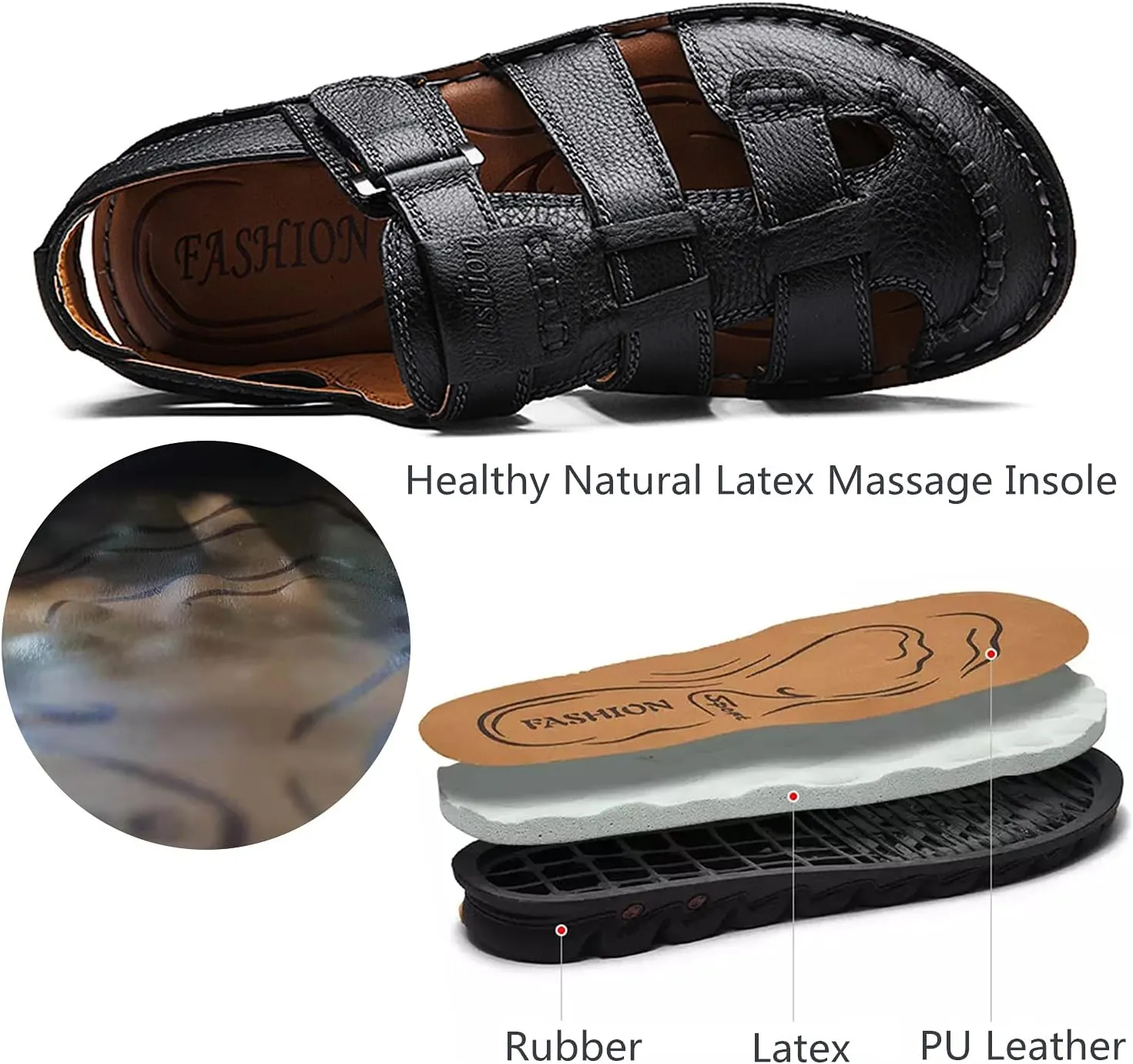 JIONS Mens Hand Stitching Outdoor Closed Toe Leather Sandals, Adjustable Heel Strap Slip on Sandals Beach Slippers Shoes