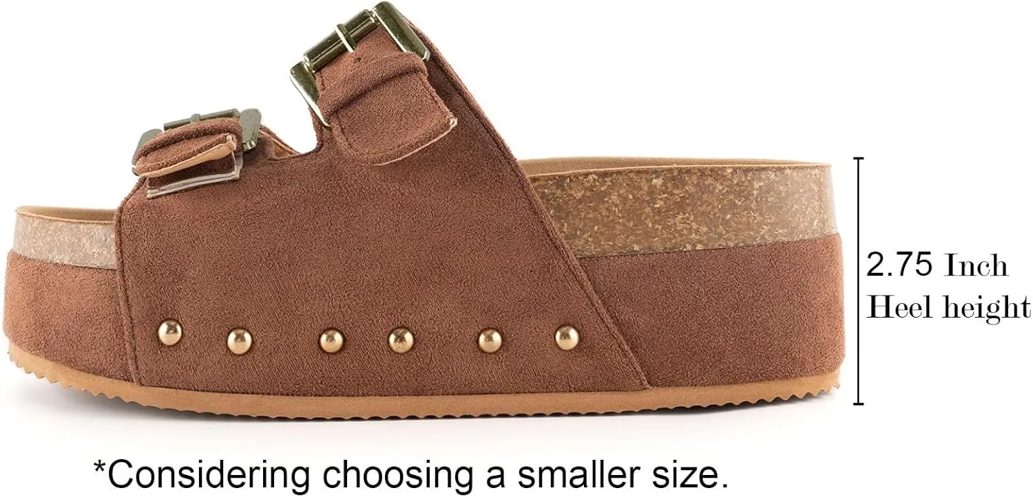 JORISTIMO Women's Cork Flatform Sandals Dual Buckled Band Suede Clogs Platform Slip On Sandals