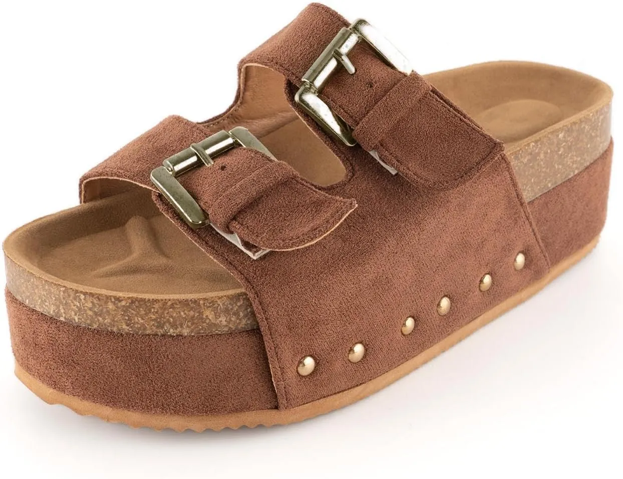 JORISTIMO Women's Cork Flatform Sandals Dual Buckled Band Suede Clogs Platform Slip On Sandals