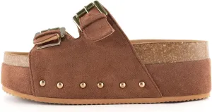 JORISTIMO Women's Cork Flatform Sandals Dual Buckled Band Suede Clogs Platform Slip On Sandals