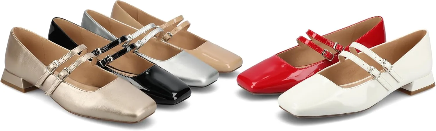 Journee Collection Womens Gredah Mary Jane Dress Flats Strappy Double Buckle Slip On Cushioned Block Heel Square Toe