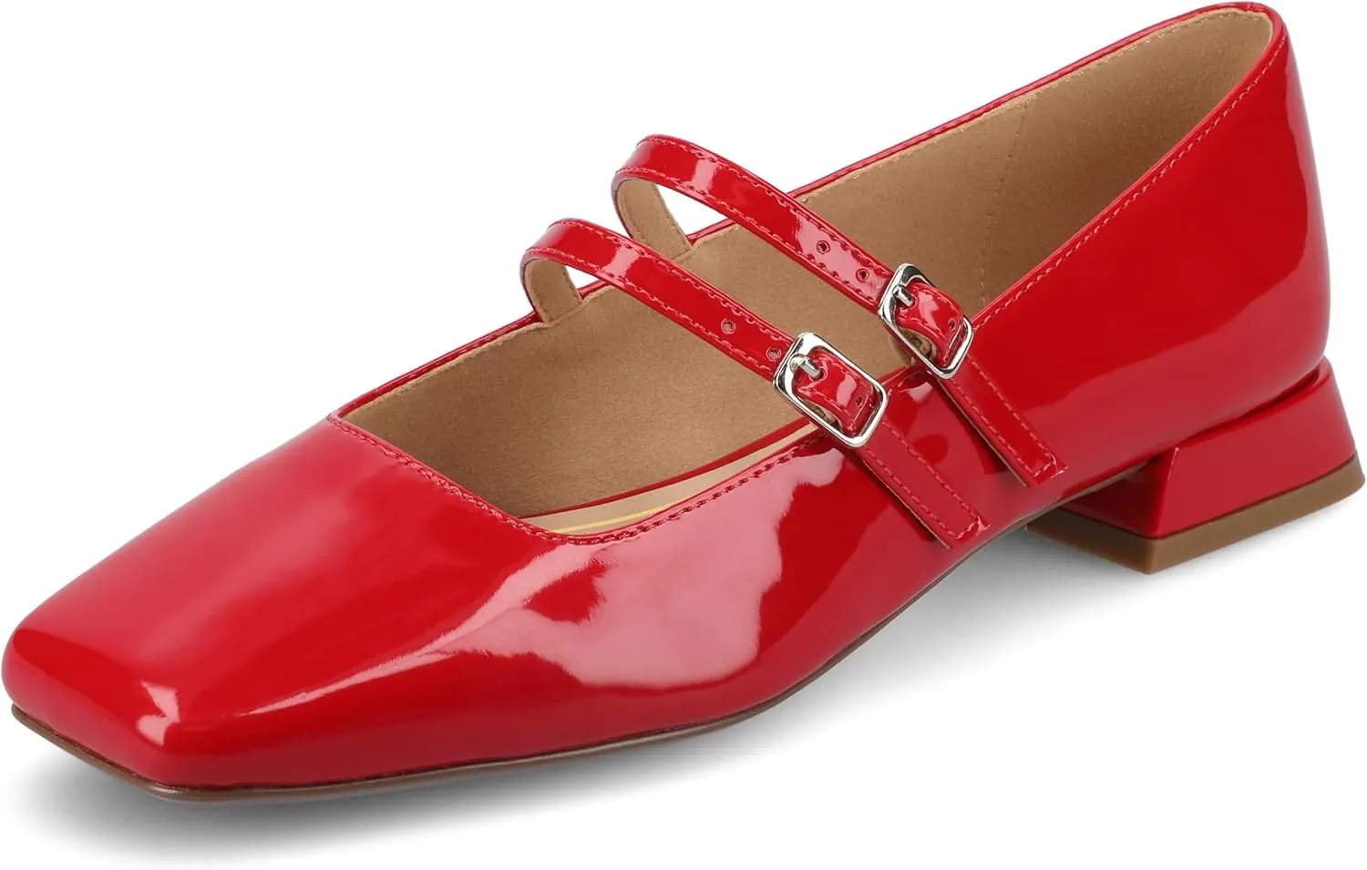Journee Collection Womens Gredah Mary Jane Dress Flats Strappy Double Buckle Slip On Cushioned Block Heel Square Toe