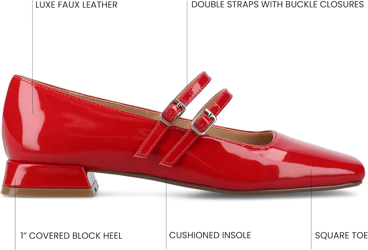 Journee Collection Womens Gredah Mary Jane Dress Flats Strappy Double Buckle Slip On Cushioned Block Heel Square Toe