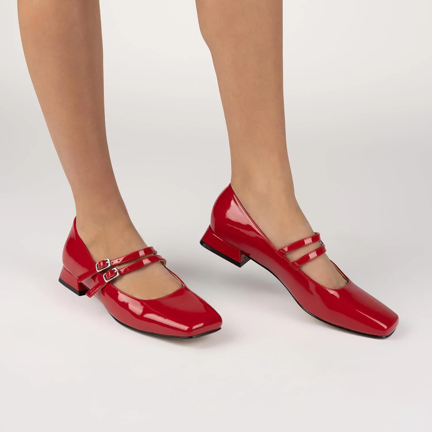 Journee Collection Womens Gredah Mary Jane Dress Flats Strappy Double Buckle Slip On Cushioned Block Heel Square Toe