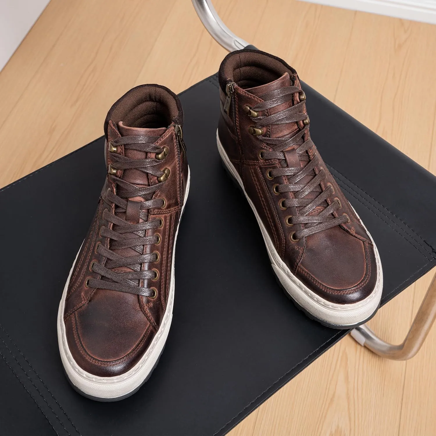 Jousen Mens Casual Shoes Leather High Top Fashion Sneakers for Men
