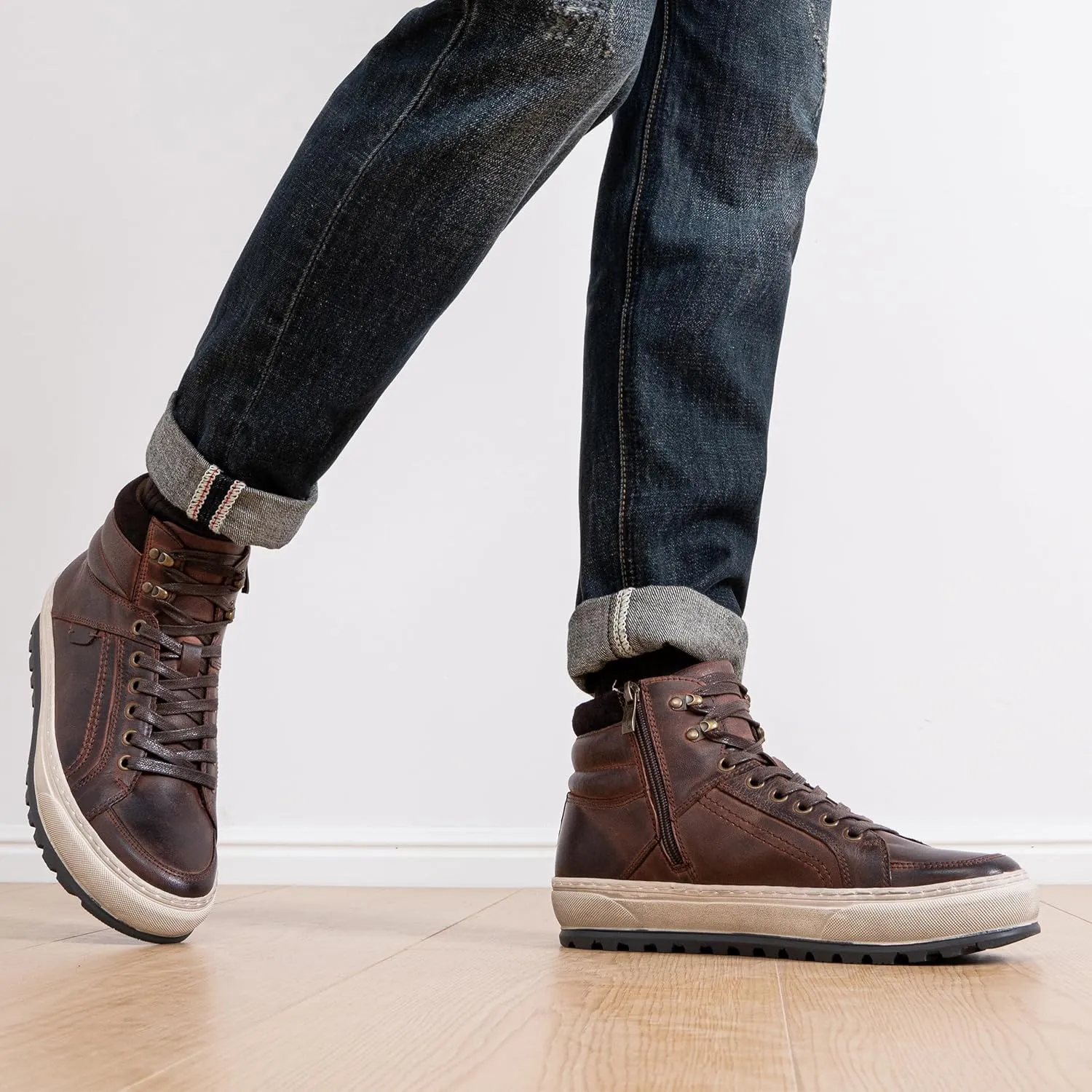 Jousen Mens Casual Shoes Leather High Top Fashion Sneakers for Men
