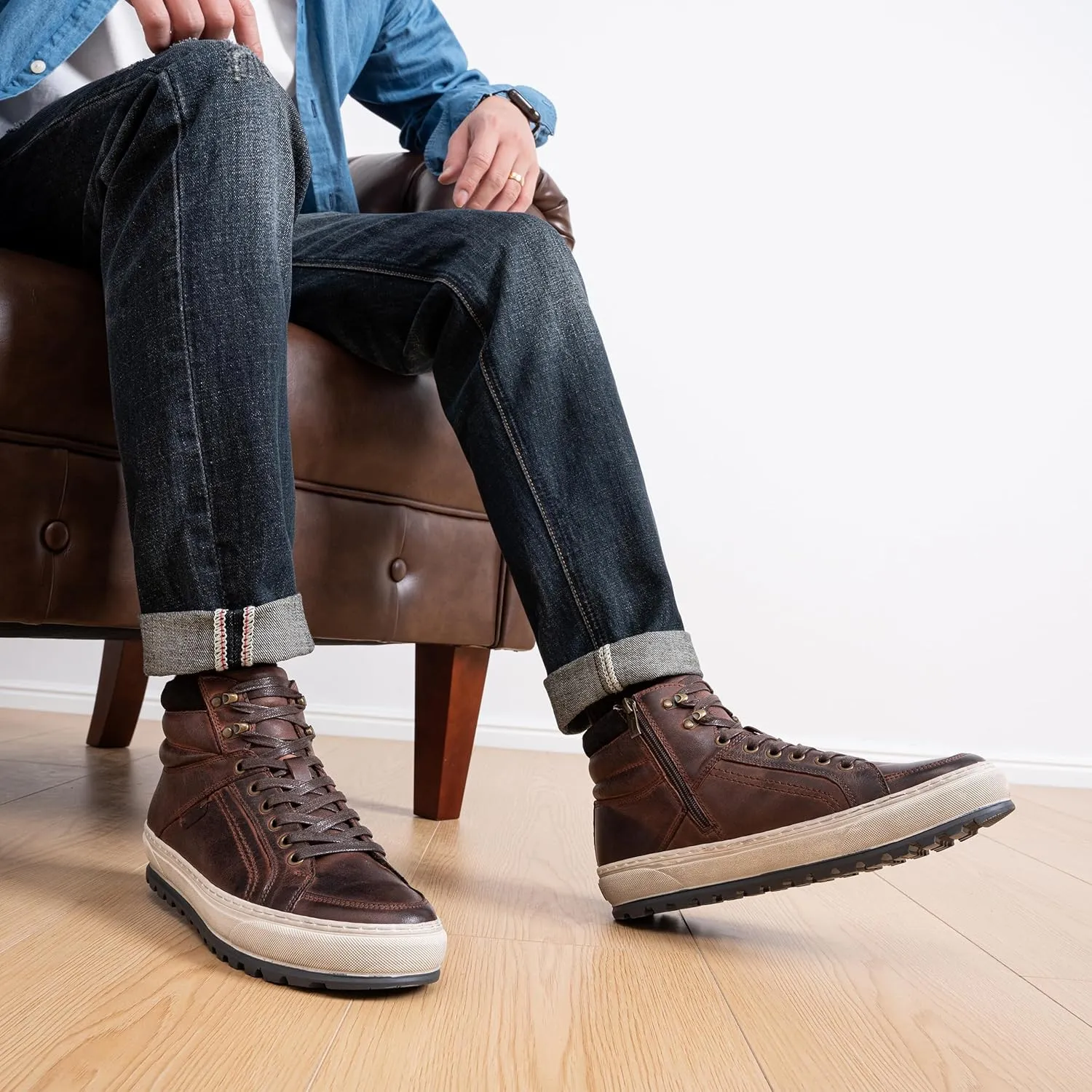 Jousen Mens Casual Shoes Leather High Top Fashion Sneakers for Men