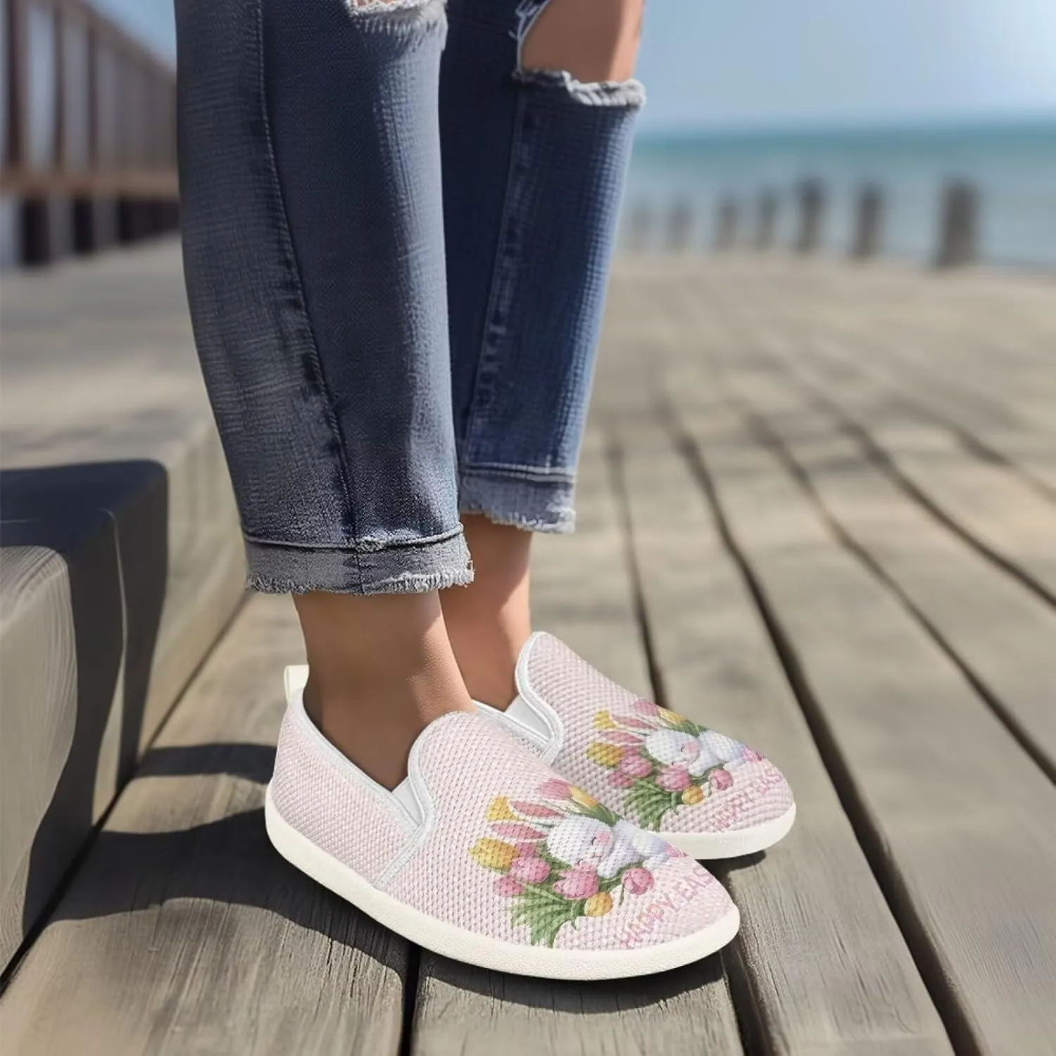 JoyLamoria Retro Butterfly Print Slip on Sneakers Mesh Fashion Running Shoes Sneakers Women Men Walking Shoes Arch Support Causal Flats