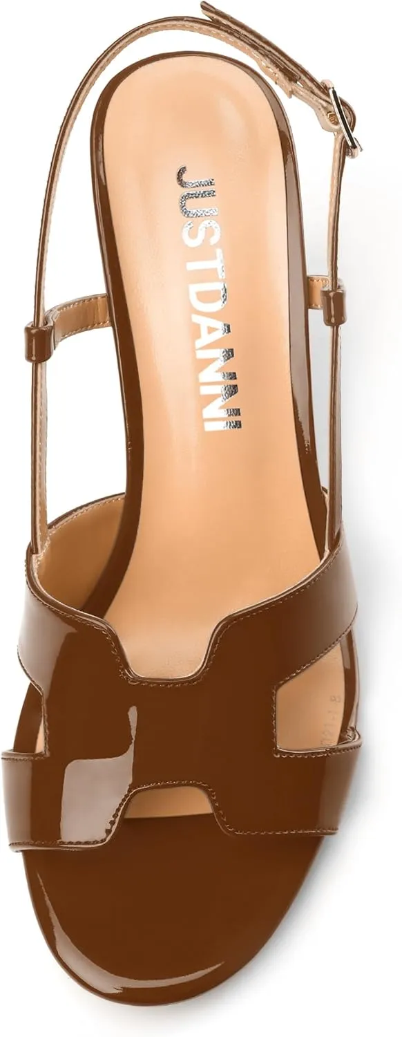 JUSTDANNI Women Slingback Strappy Dress Sandals Square Open Toe Patent Heeled Sandals Low kitten Heels for Women Comfortable Casual