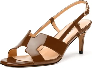 JUSTDANNI Women Slingback Strappy Dress Sandals Square Open Toe Patent Heeled Sandals Low kitten Heels for Women Comfortable Casual