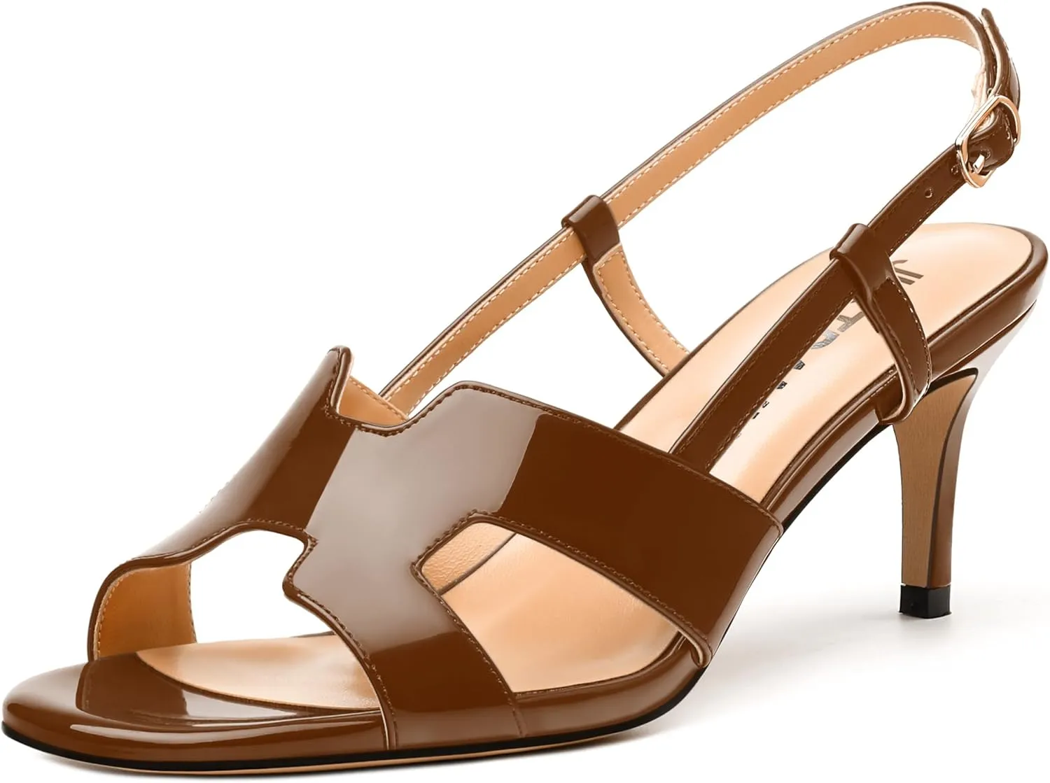 JUSTDANNI Women Slingback Strappy Dress Sandals Square Open Toe Patent Heeled Sandals Low kitten Heels for Women Comfortable Casual