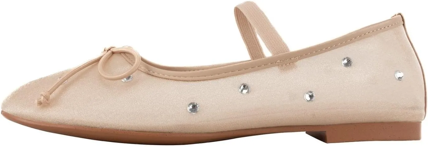 KaroNairy Nude Crystal Mesh Ballet Flats for Women Stretch Band Snip Toe Ballerinas Flats Gem Mary Jane Sparkly Flats