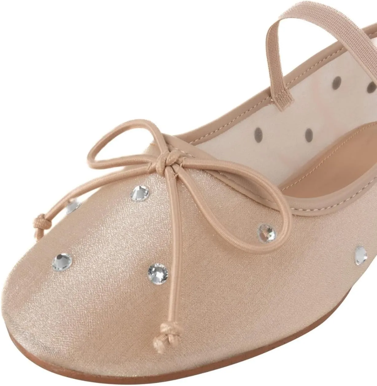 KaroNairy Nude Crystal Mesh Ballet Flats for Women Stretch Band Snip Toe Ballerinas Flats Gem Mary Jane Sparkly Flats