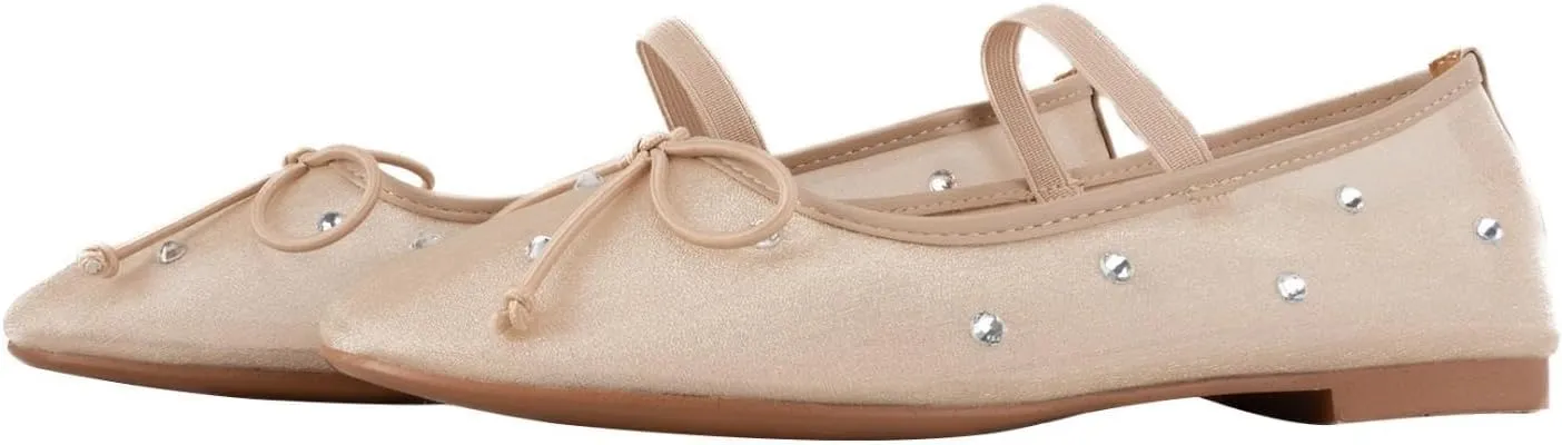KaroNairy Nude Crystal Mesh Ballet Flats for Women Stretch Band Snip Toe Ballerinas Flats Gem Mary Jane Sparkly Flats