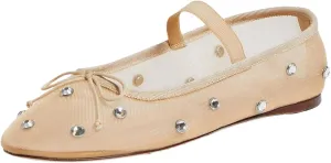 KaroNairy Nude Crystal Mesh Ballet Flats for Women Stretch Band Snip Toe Ballerinas Flats Gem Mary Jane Sparkly Flats