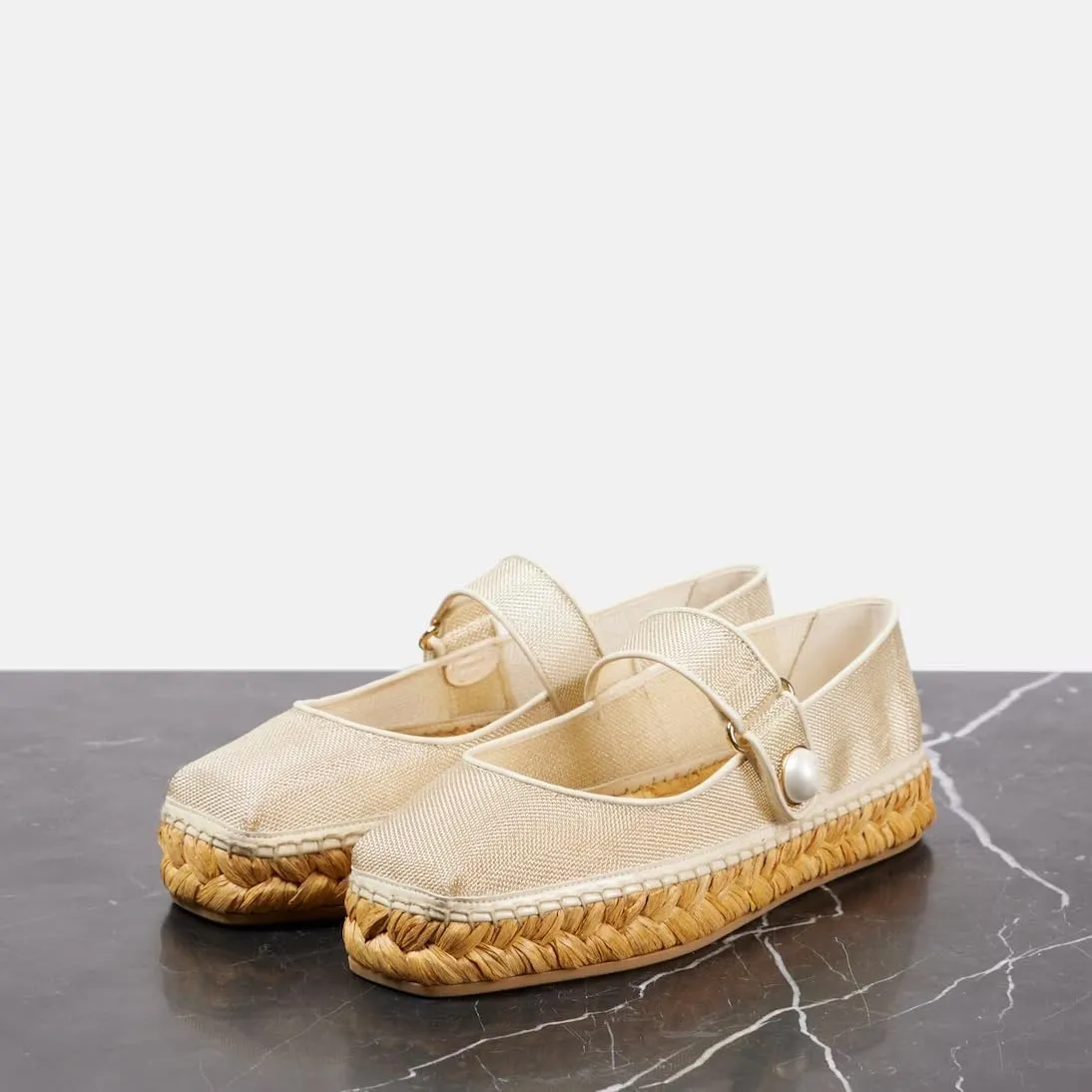 keleimusi Women's Mary Jane Metallic Espadrilles Flats with Pearl Buckle Strap Platform Espadrilles Woven Outsole Shoes Canvas Summer Flats