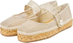 keleimusi Women's Mary Jane Metallic Espadrilles Flats with Pearl Buckle Strap Platform Espadrilles Woven Outsole Shoes Canvas Summer Flats