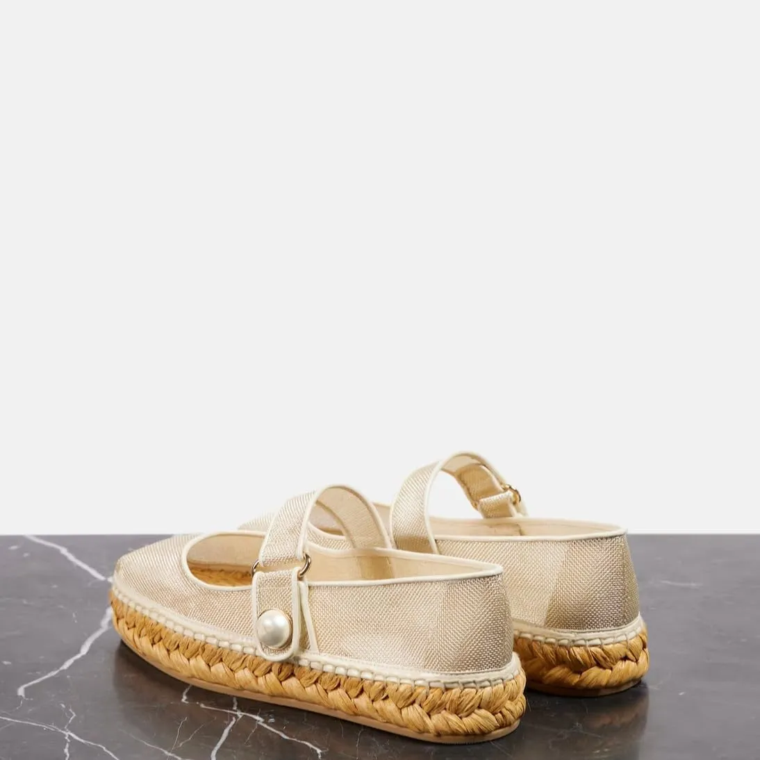 keleimusi Women's Mary Jane Metallic Espadrilles Flats with Pearl Buckle Strap Platform Espadrilles Woven Outsole Shoes Canvas Summer Flats
