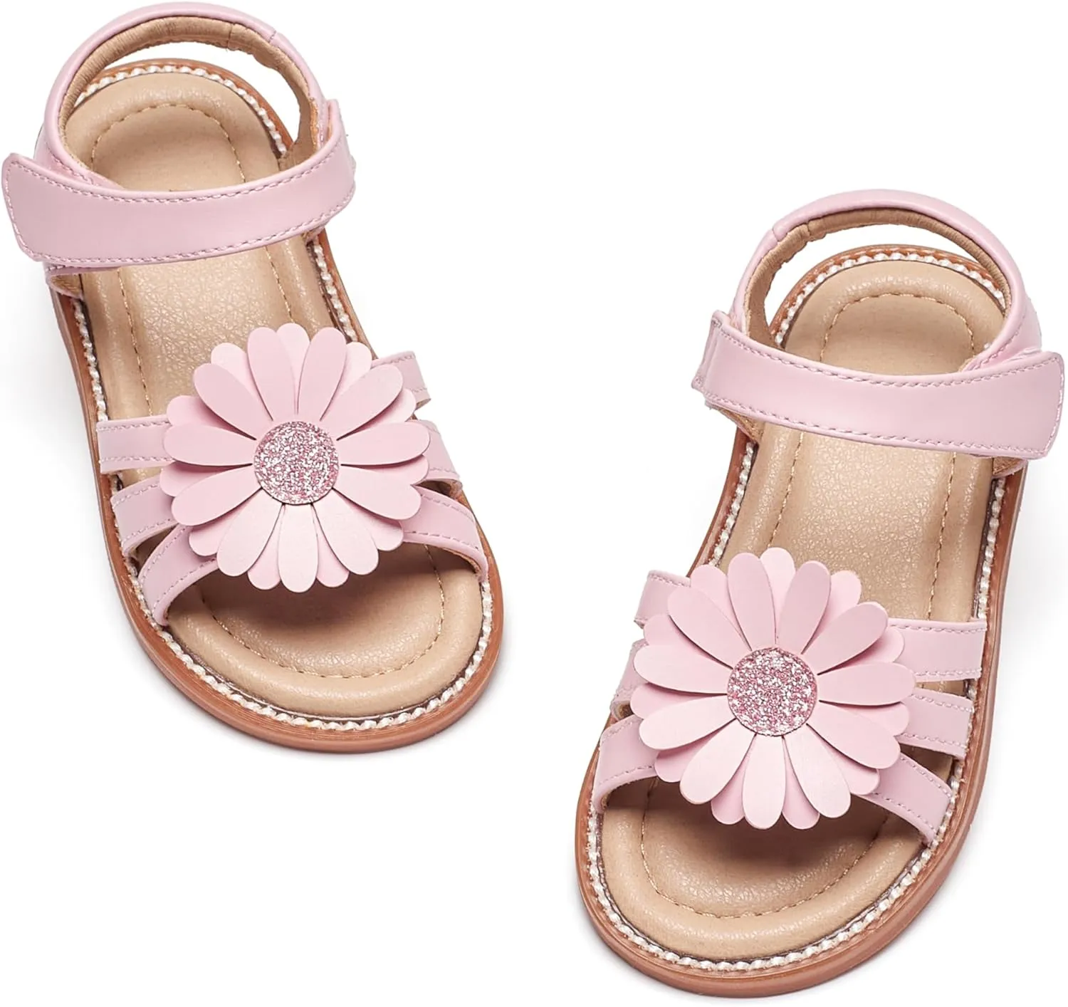 Kiderence Toddler Girls Pink Floral Sandals - Girls' Casual Flat Sandals with Ankle Strap