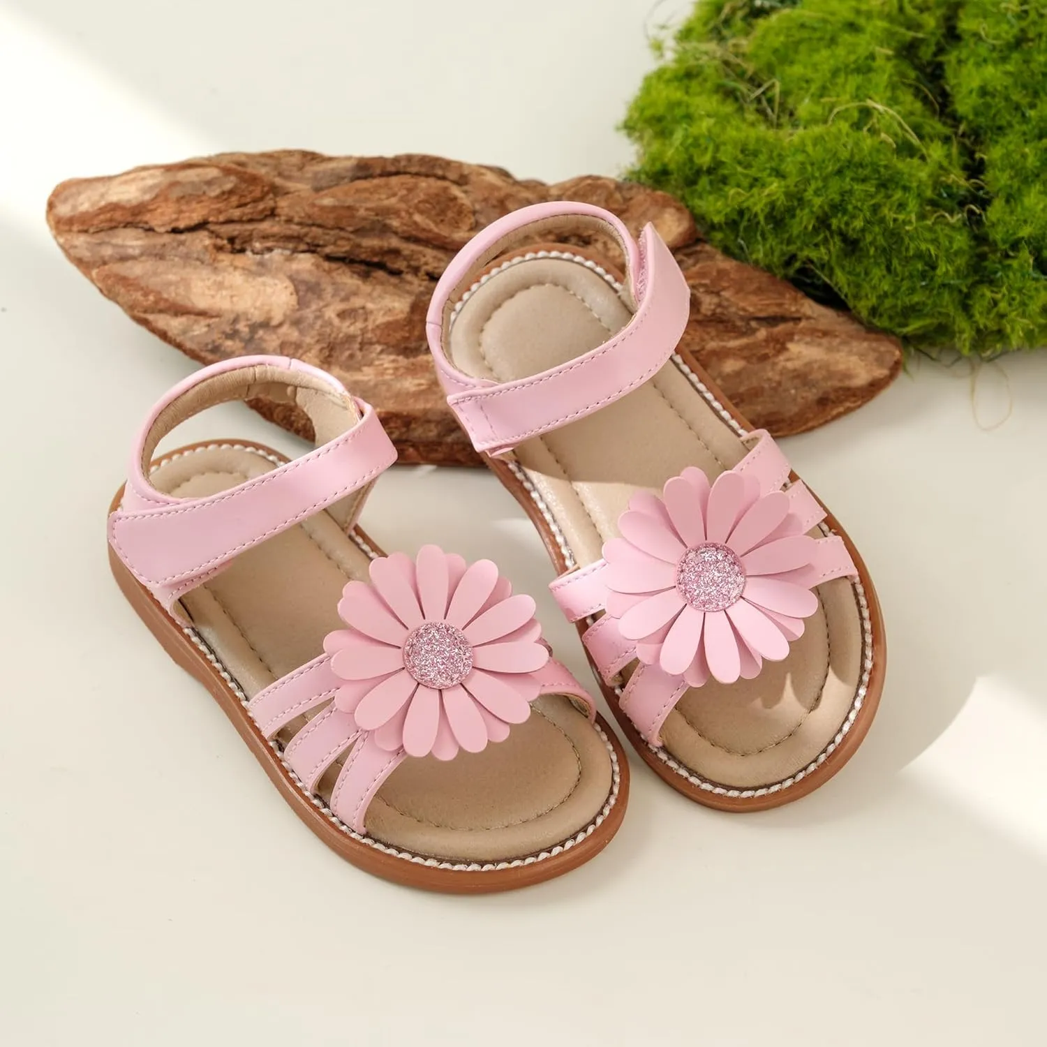 Kiderence Toddler Girls Pink Floral Sandals - Girls' Casual Flat Sandals with Ankle Strap