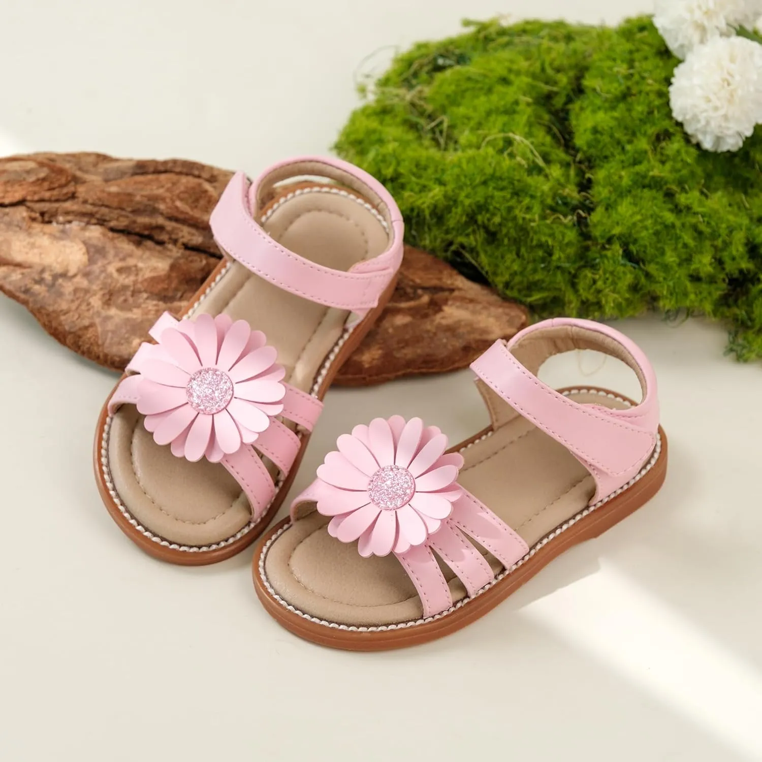 Kiderence Toddler Girls Pink Floral Sandals - Girls' Casual Flat Sandals with Ankle Strap