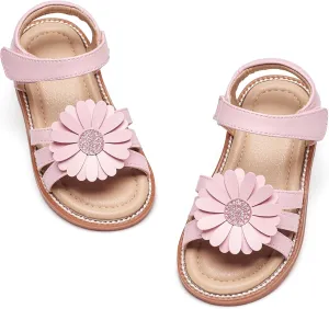 Kiderence Toddler Girls Pink Floral Sandals - Girls' Casual Flat Sandals with Ankle Strap