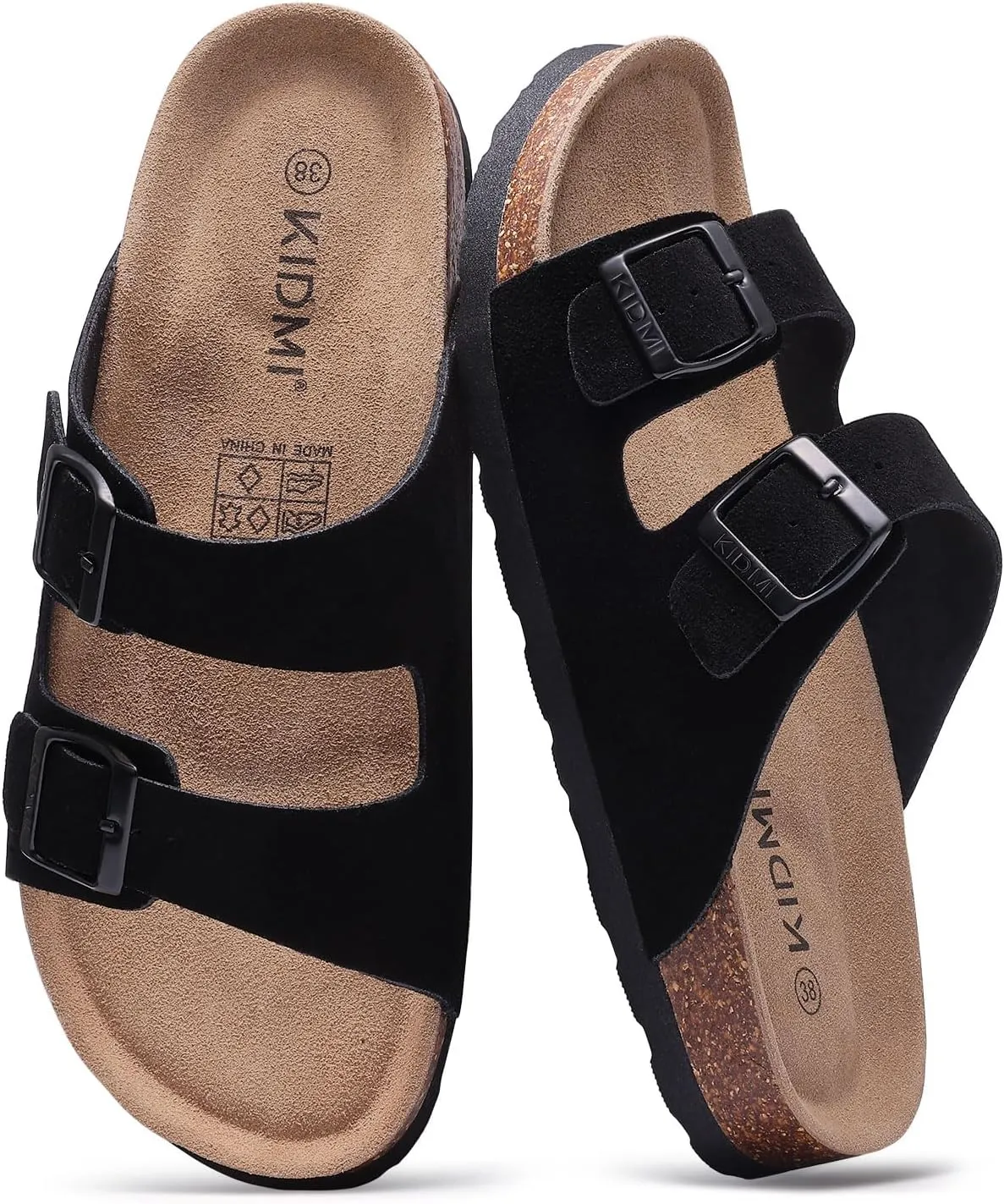 KIDMI Women's Genuine Suede Sandals Cork Footbed Summer Adjustable Slide Sandals