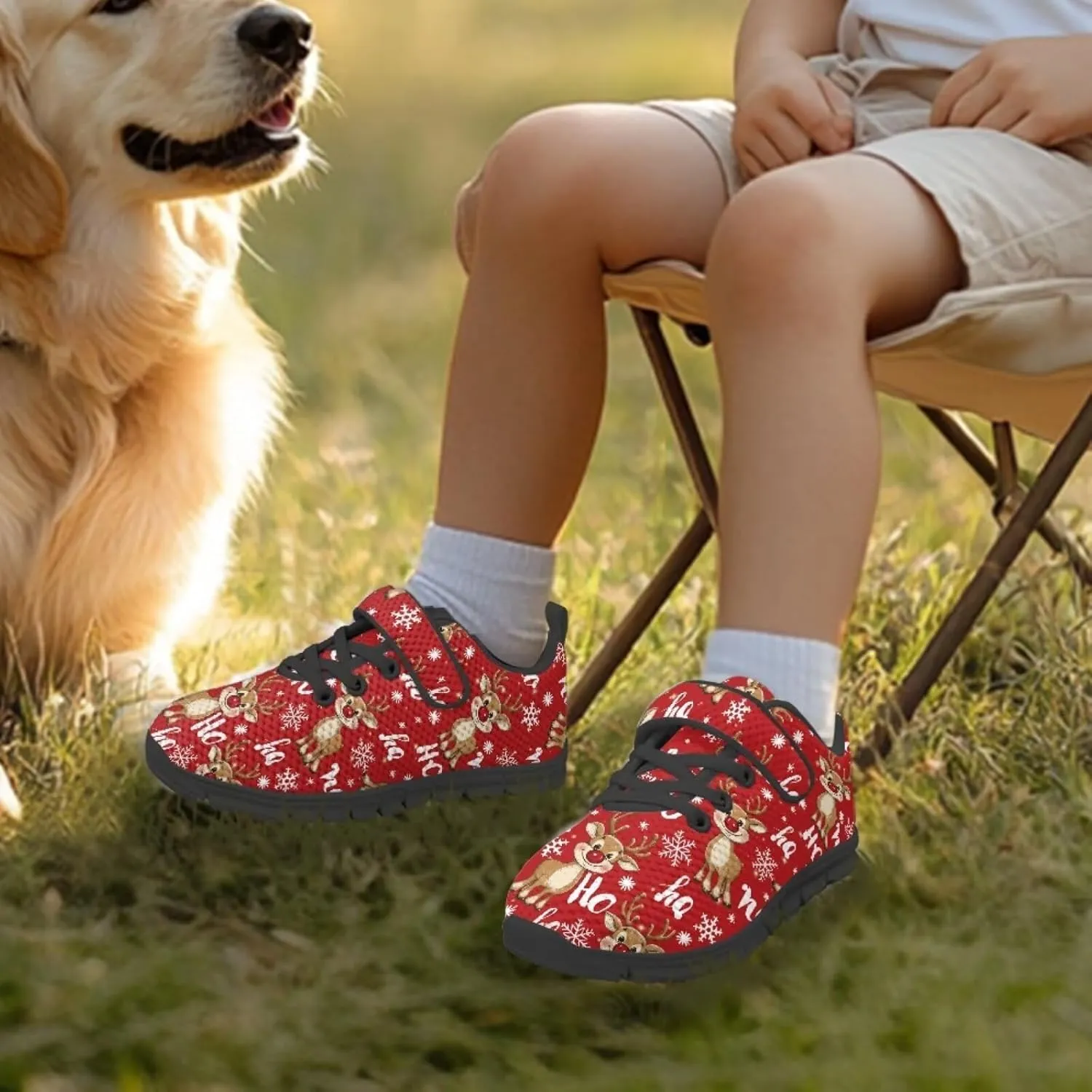 Kids Christmas Shoes for Girls Boys Single Buckle Sneakers Breathable Lightweight Mesh Running Walking Shoes