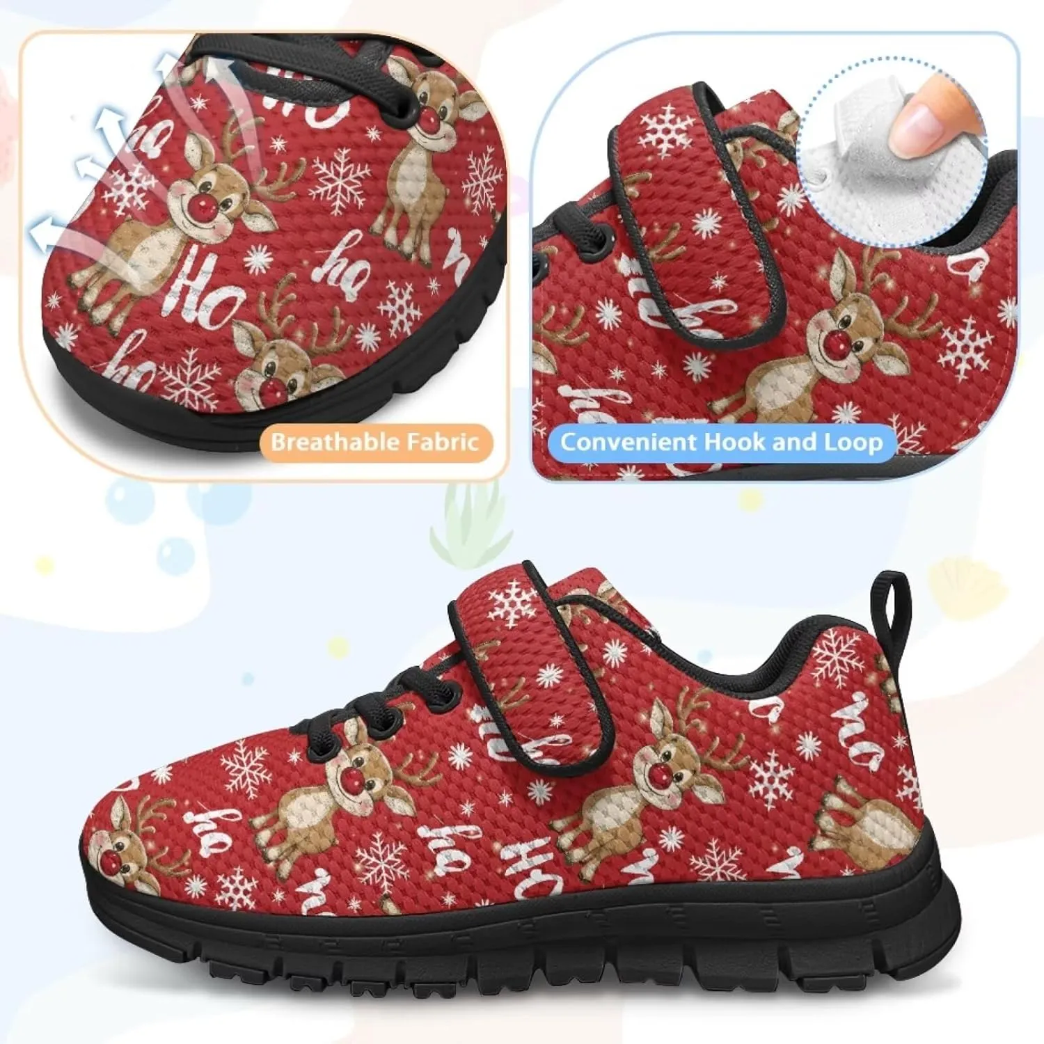Kids Christmas Shoes for Girls Boys Single Buckle Sneakers Breathable Lightweight Mesh Running Walking Shoes