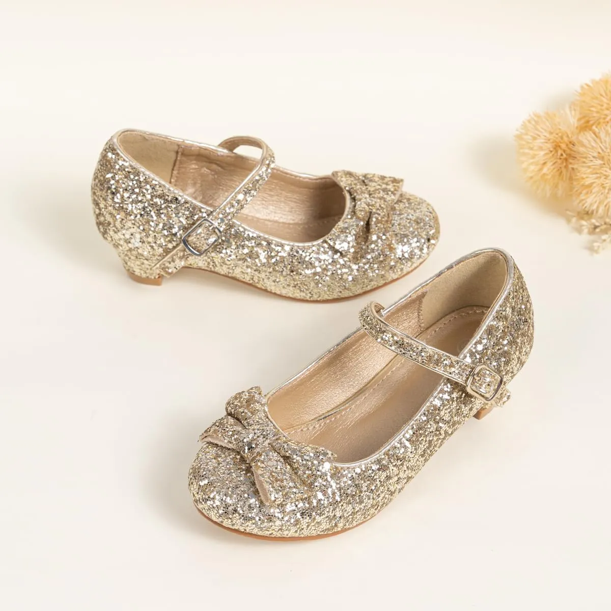 KIDSUN Toddler Little Girls Dress Shoes Heel Mary Jane Bow Flower Wedding Party Shoes Glitter Princess Shoes Flats (Toddler/Little Kid)