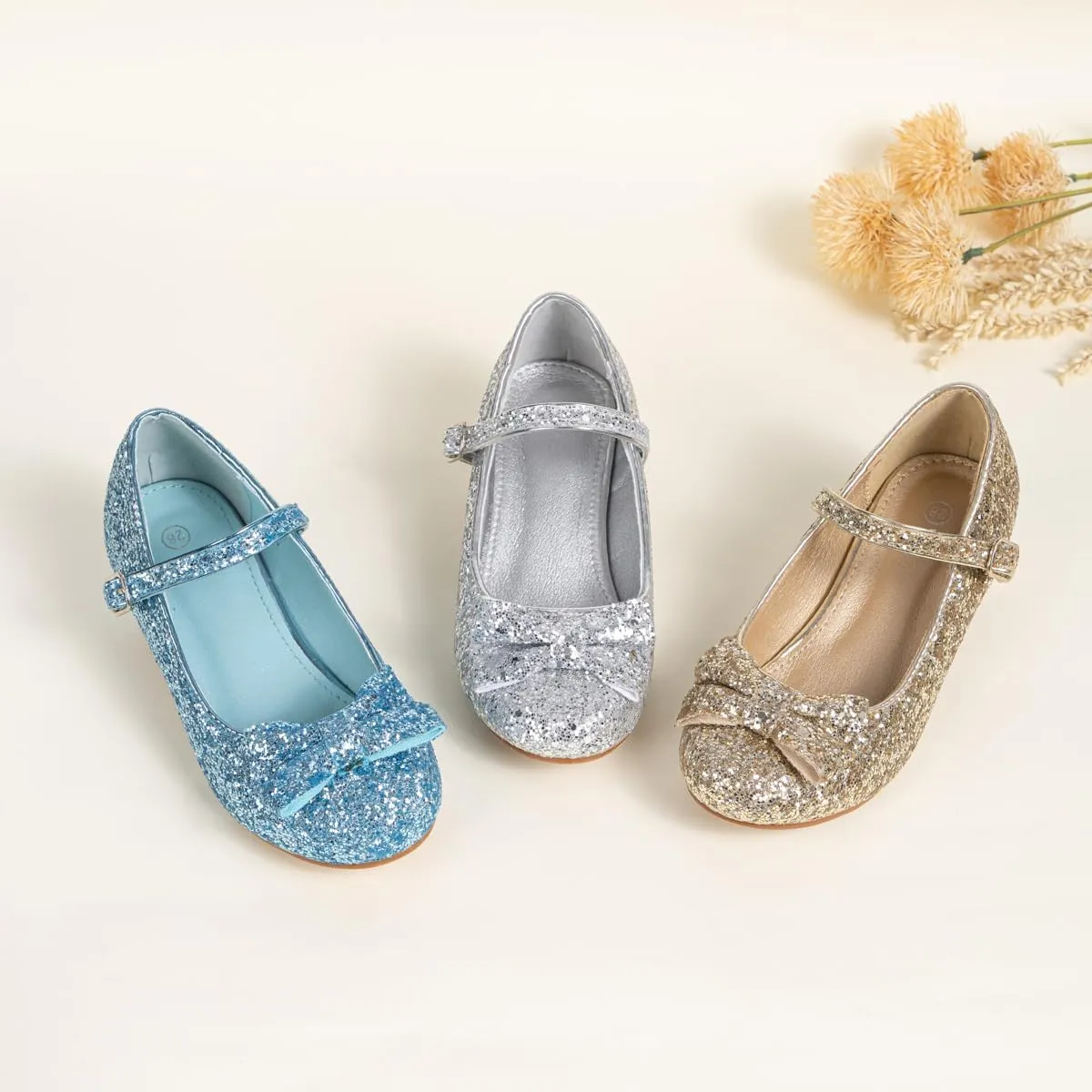 KIDSUN Toddler Little Girls Dress Shoes Heel Mary Jane Bow Flower Wedding Party Shoes Glitter Princess Shoes Flats (Toddler/Little Kid)