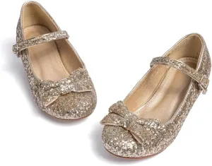 KIDSUN Toddler Little Girls Dress Shoes Heel Mary Jane Bow Flower Wedding Party Shoes Glitter Princess Shoes Flats (Toddler/Little Kid)