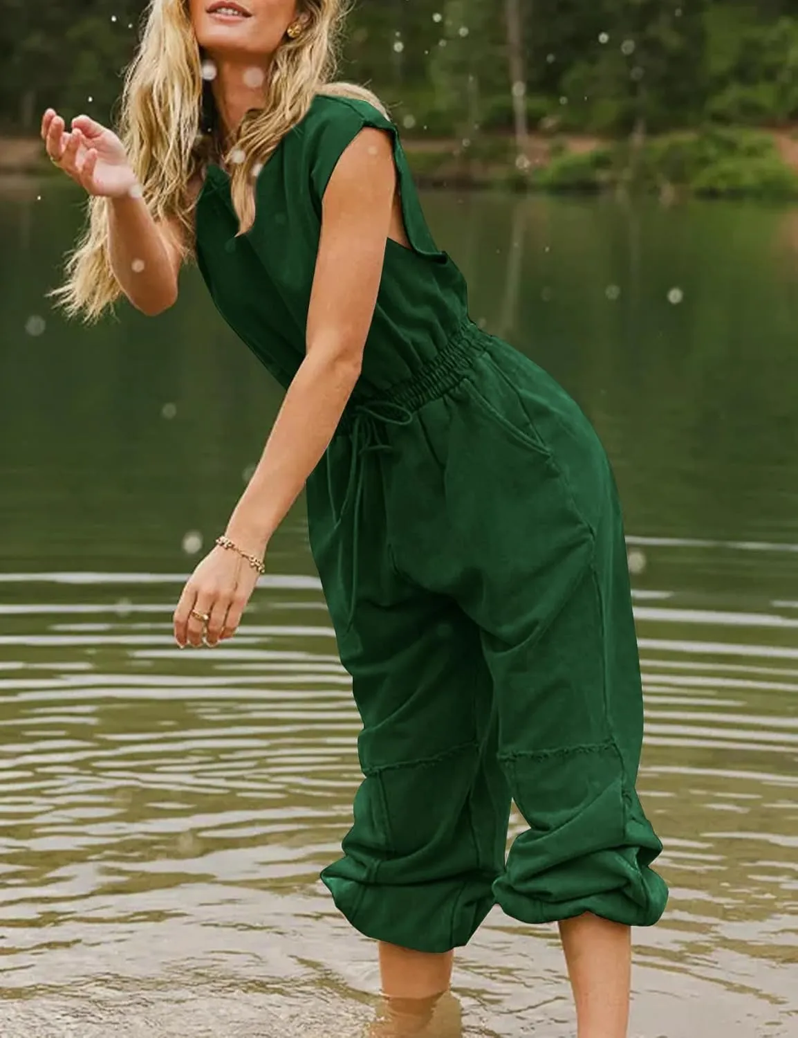 Kissonic Jumpsuits for Women Casual Crewneck Cap Sleeve Drawstring Romper One Piece Outfits with Pockets