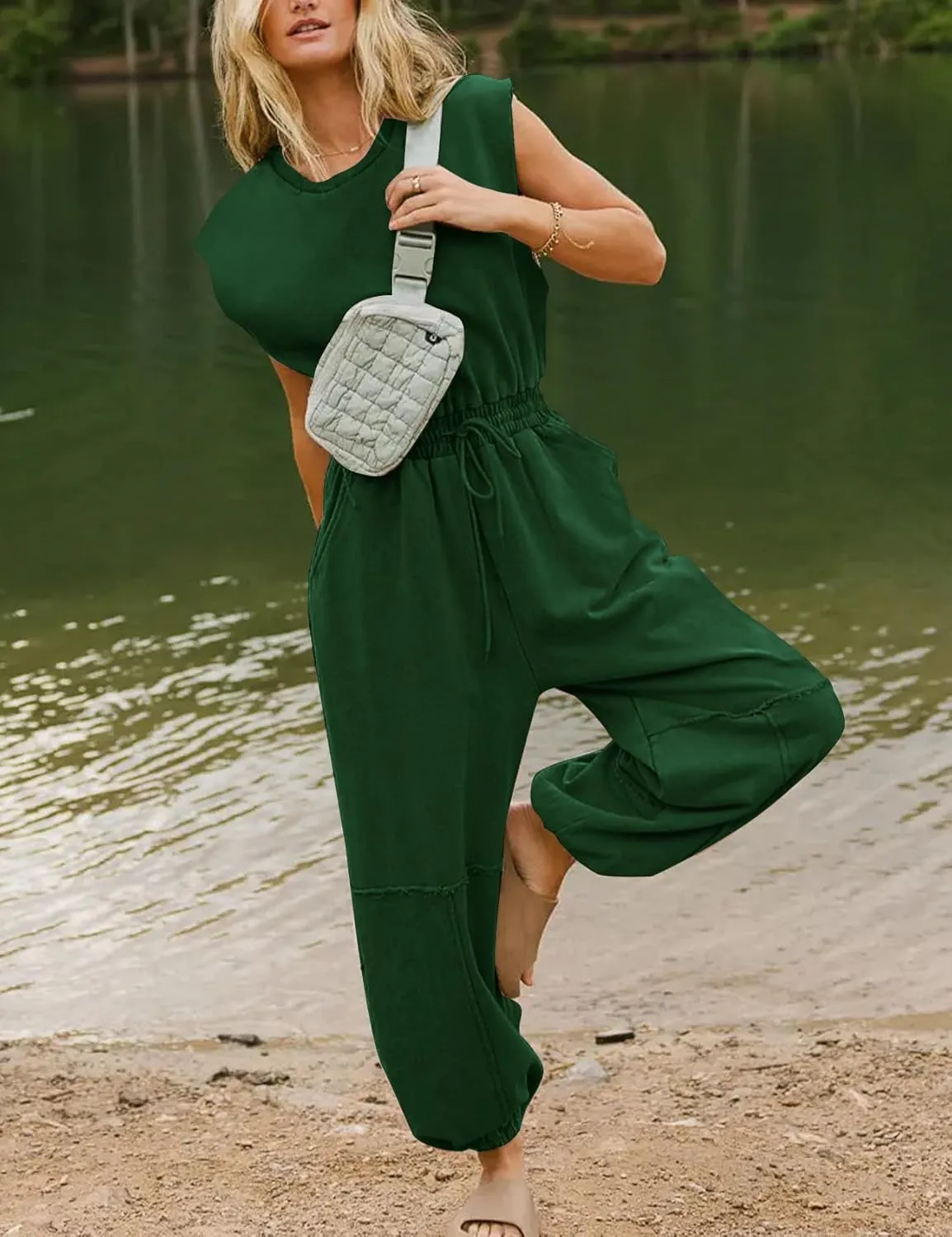 Kissonic Jumpsuits for Women Casual Crewneck Cap Sleeve Drawstring Romper One Piece Outfits with Pockets
