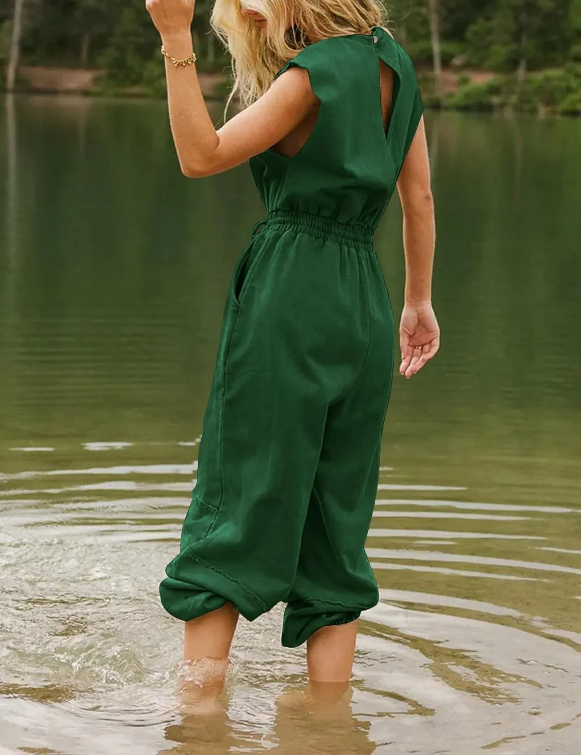 Kissonic Jumpsuits for Women Casual Crewneck Cap Sleeve Drawstring Romper One Piece Outfits with Pockets