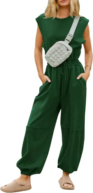 Kissonic Jumpsuits for Women Casual Crewneck Cap Sleeve Drawstring Romper One Piece Outfits with Pockets