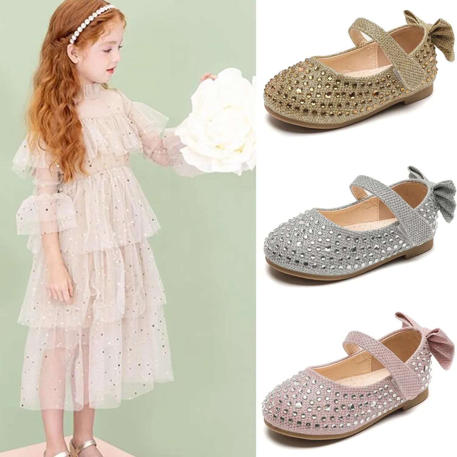 kkdom Girl's Dress Shoes Mary Jane Ballet Flats Bow Flower Girl Wedding Party Ballerina Flat Shoes Toddler/Little Kid/Big Kid