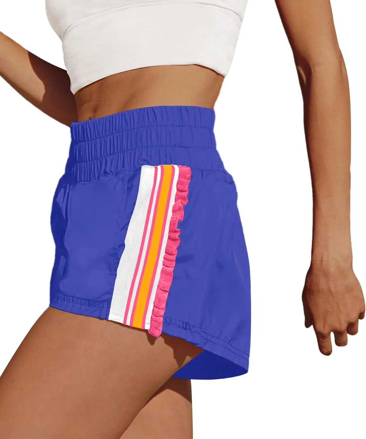 LAMISSCHE Womens Running Shorts Athletic High Waisted Biker Shorts Summer Workout Quick Dry Striped Ruffle Short