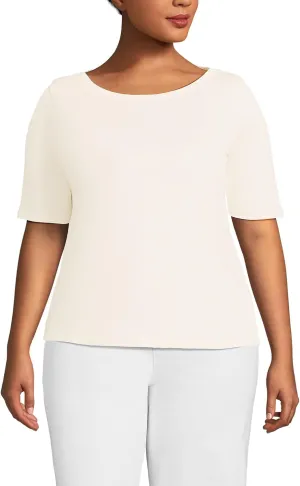 Lands' End Women's Elbow Sleeve American-Grown Supima Cotton Boatneck Top