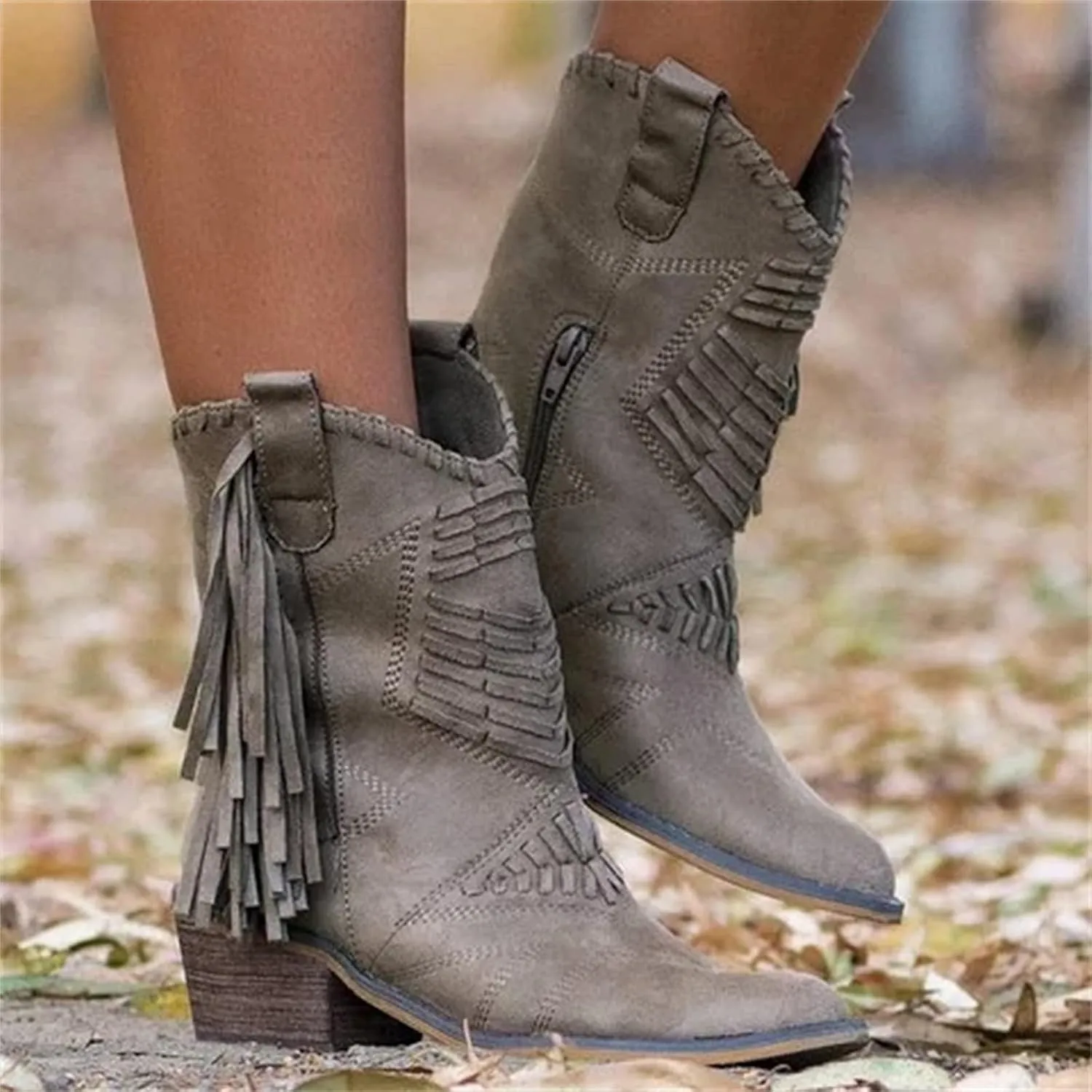 Lausiuoe Cowboy Boots For Women Short Fringe Western Cowgirl Ankle Boots Ladies Casual Dressy Wide Calf Booties Shoes