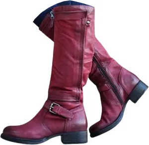 Lausiuoe Knee High Boots Women Wide Calf Flat Heel Stylish Comfortable Round Toe Flat Tall Riding Biker Motorcycle Boots