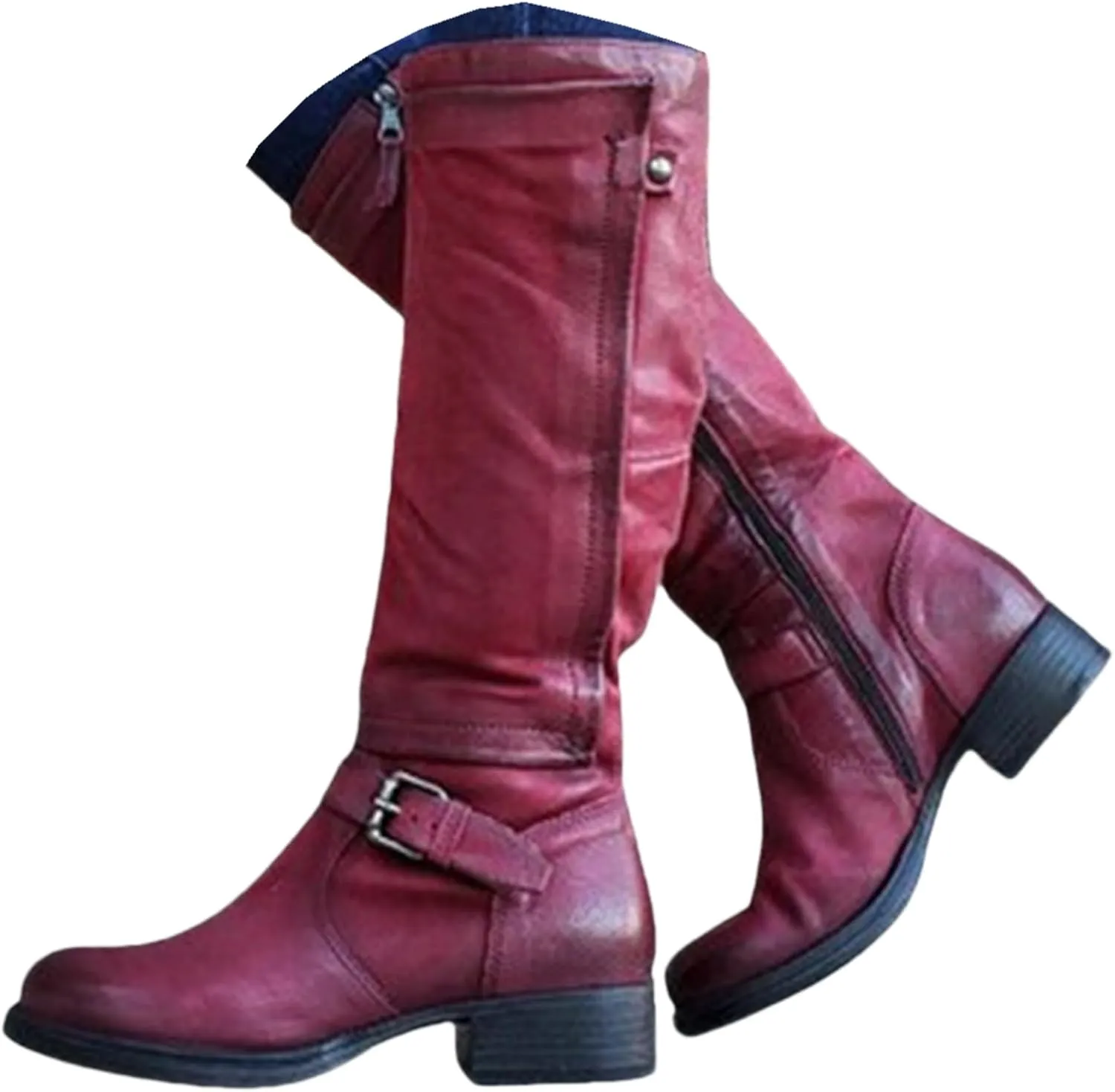 Lausiuoe Knee High Boots Women Wide Calf Flat Heel Stylish Comfortable Round Toe Flat Tall Riding Biker Motorcycle Boots