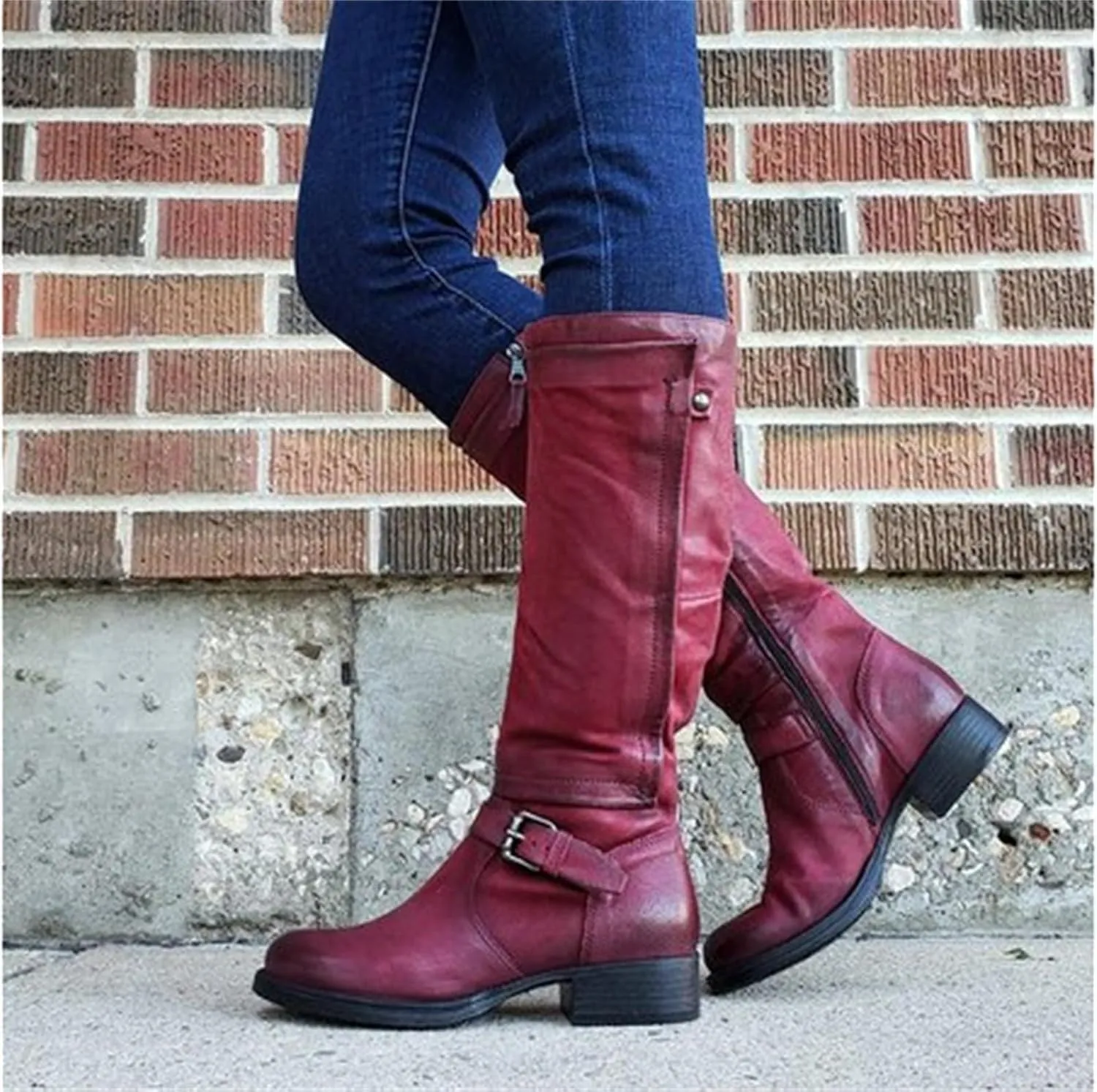 Lausiuoe Knee High Boots Women Wide Calf Flat Heel Stylish Comfortable Round Toe Flat Tall Riding Biker Motorcycle Boots