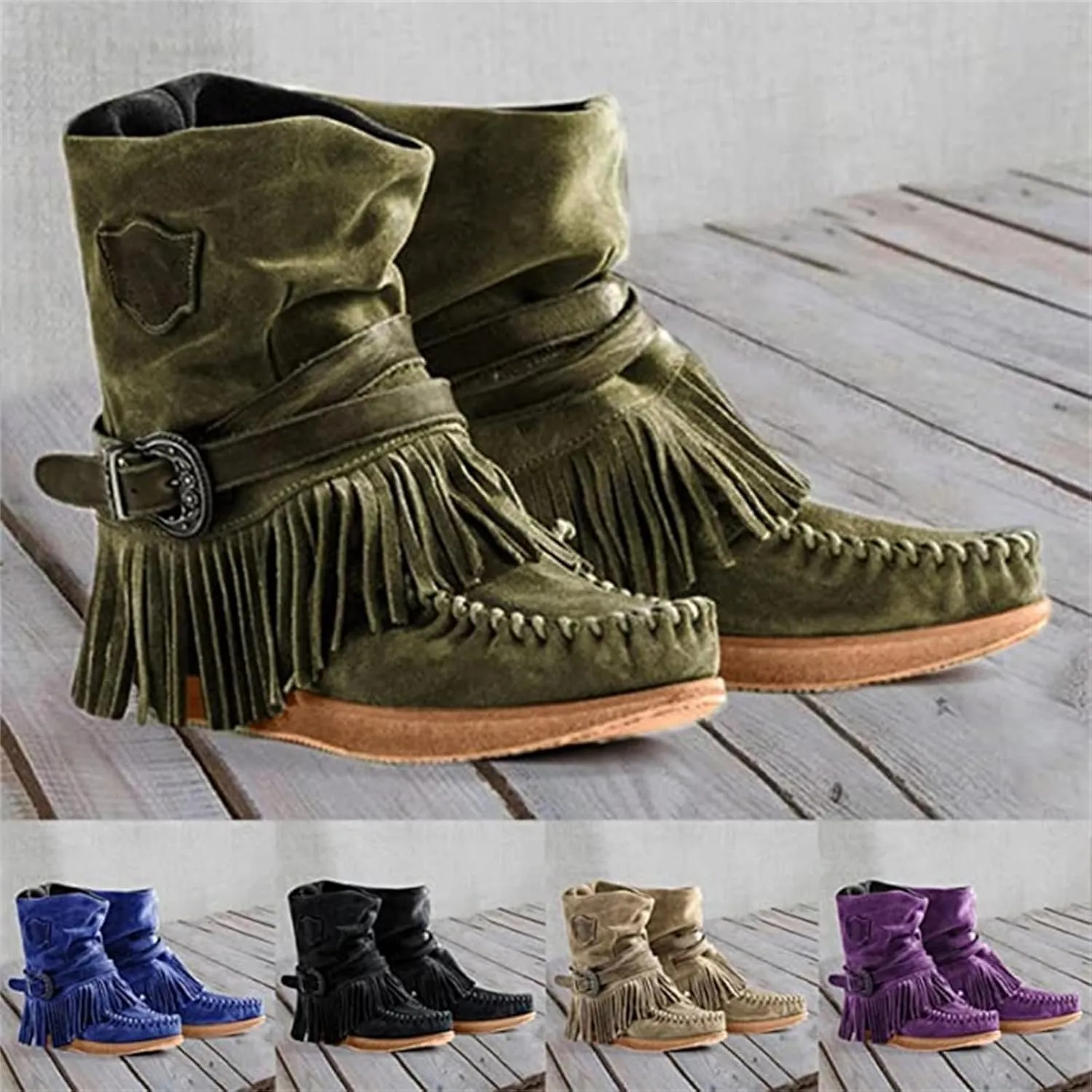 Lausiuoe Womens Boots Knee High Wide Calf Classic Fringe Western Cowboy Boots Cowgirl Style Chunky Fashion Boot Pull-On