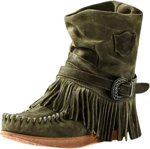 Lausiuoe Womens Boots Knee High Wide Calf Classic Fringe Western Cowboy Boots Cowgirl Style Chunky Fashion Boot Pull-On