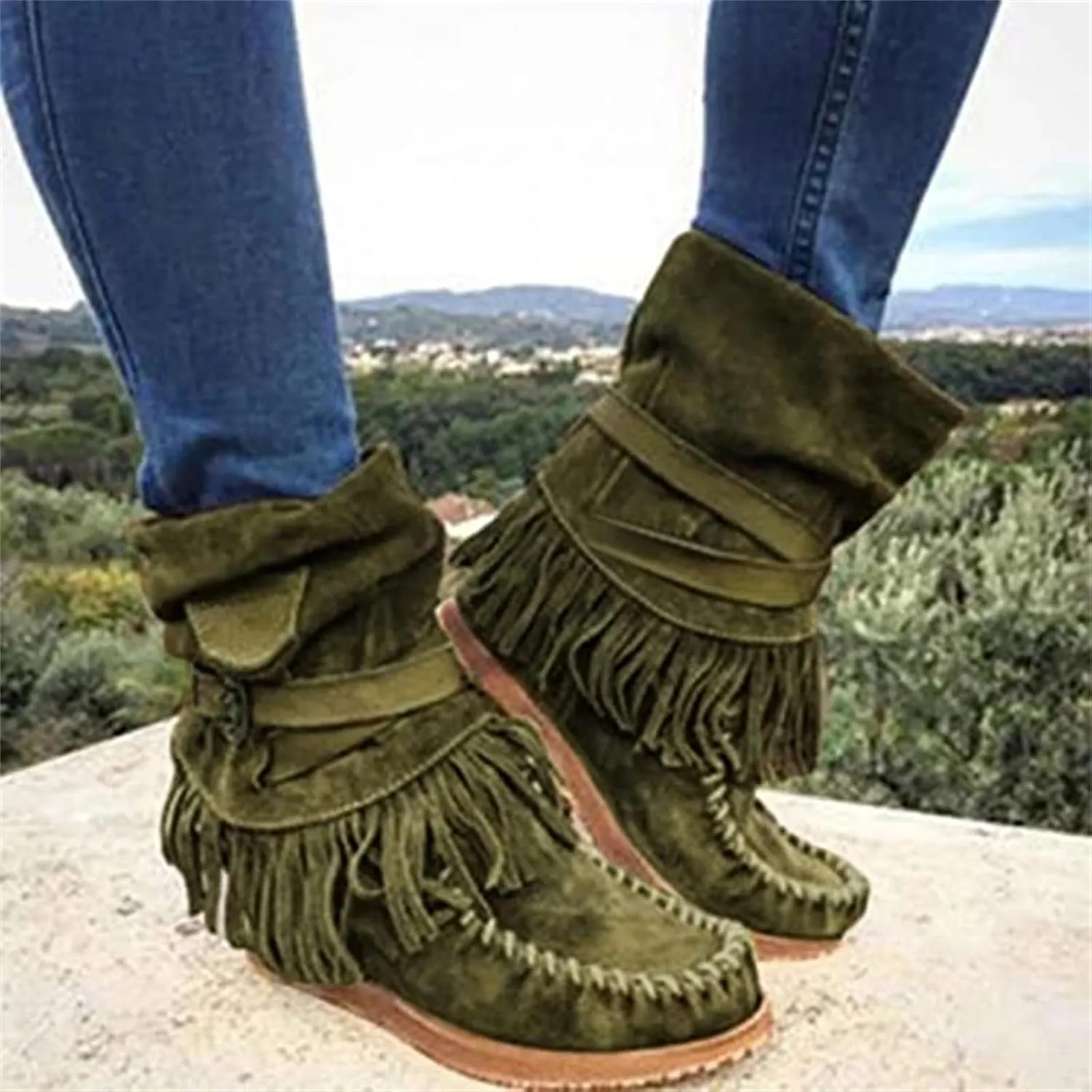 Lausiuoe Womens Boots Knee High Wide Calf Classic Fringe Western Cowboy Boots Cowgirl Style Chunky Fashion Boot Pull-On