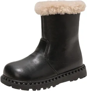 Leather Fuzzy Snow Boots For Girls Kids Toddler Childrens Lightweight Fashion 𝐖aterproof Shoes Comfy Ski Non Slip Shoes