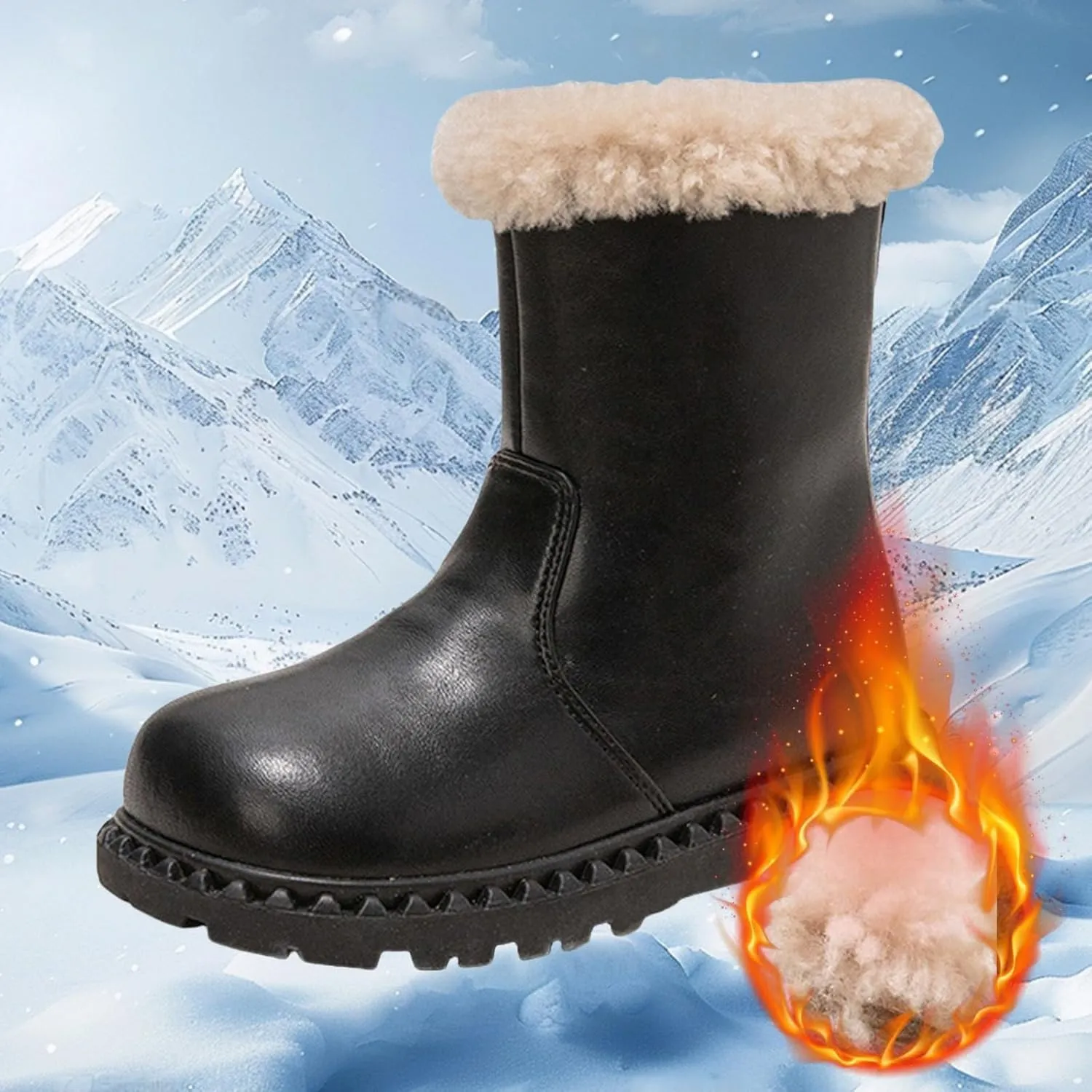 Leather Fuzzy Snow Boots For Girls Kids Toddler Childrens Lightweight Fashion 𝐖aterproof Shoes Comfy Ski Non Slip Shoes