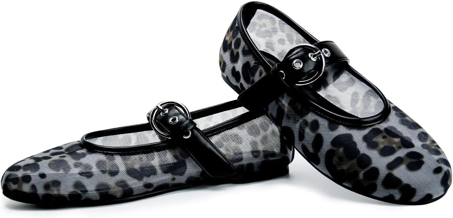 Leopard Flats for Women Mesh Flats Ballet Flats Mary Jane Flats Women's Dress Shoes Ballet Shoes