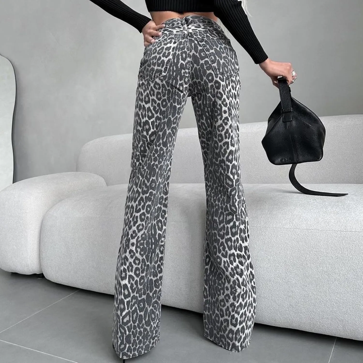 Leopard Print Denim Pants for Women Vintage Jeans Straight Leg Flare Trousers with Pockets Going Out Y2K Streetwear